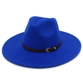Detail view of royal blue wool fedora hat with brown leather belt and gold buckle - One Size / Sapphire Blue