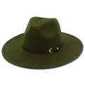Detail of olive green fedora hat featuring a brown leather band and gold buckle - One Size / Army Green