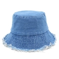Detailed view of frayed edges on a blue denim bucket hat with premium stitching - One Size / Blue
