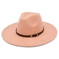 Detail of pink wool fedora hat featuring a brown leather band and gold metal buckle - One Size / Flesh Pink