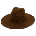 Detail of dark brown wool fedora hat featuring a thin leather band with a gold buckle - One Size / Coffee