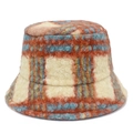 Close-up of thick checkered plush bucket hat showing fuzzy wool texture and pattern - Orange And Blue Plaid