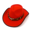 Macro detail of red felt cowboy hat featuring a golden bull head ornament and black stitched edge - One Size / Red