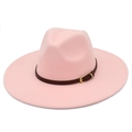 Detail of pink wool fedora with dark brown leather band and gold metal eyelet accents - One Size / Pink