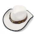 Close-up of white western cowboy hat with golden bull head metal emblem and leather band - One Size / White