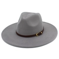 Close-up of light gray fedora hat featuring a brown leather band and gold buckle detail - One Size / Gray