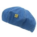 Baskenmütze aus blauem Denim mit Kontrastnähten und einem goldenen Metallemblem - Einheitsgröße / Blau