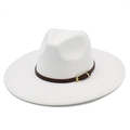 Detail of white wool wide brim fedora with brown leather belt and gold metal buckle - One Size / White