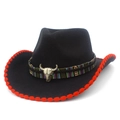 Western black felt cowboy hat with red trim, ethnic ribbon, and bull skull pendant - Black