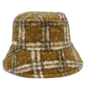 Close-up of yellow plaid plush bucket hat showing wool-like texture and warm checkered fabric - Ginger Yellow And Brown Plaid