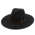 Dettaglio del cappello fedora in lana nera con cinturino in pelle marrone e fibbia oro - Taglia unica / Nero