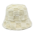 Creamy white plush bucket hat with checkerboard pattern and IMMUNE logo for winter - White