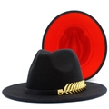 Vintage black and red wool fedora hat with gold feather accessory for fashion runway shows - Feather Decoration (FT418) / Black Outside Red Inside
