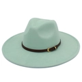 Detailed top view of mint green wool fedora hat with wide brim and buckled leather band - One Size / Mint Green