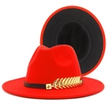 Classic red wool fedora with gold feather accent and two-tone interior design - Feather Decoration (FT418) / Red Outer Black Inner