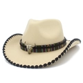 Detail of cream cowboy hat featuring ethnic colorful ribbon and metal bull head accessory - Beige