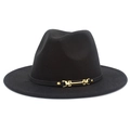 Detail of classic black wool fedora featuring a golden buckle and leather band trim - Black