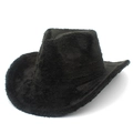 Detailed view of black fuzzy cowboy hat with wide brim in soft faux fur material - One Size / Black