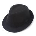 Detailed view of vintage black wool fedora hat featuring classic ribbon trim and felt texture - Black