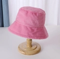 Pink plush faux fur bucket hat for women on stand, soft warm winter outdoor fisherman cap - Rose Red