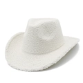Detailed view of cream-colored teddy fleece western cowboy hat with a wide rolled brim - One Size / White