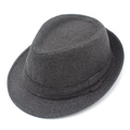 Detailed close-up of dark grey wool felt fedora showing texture and classic ribbon band - Gray