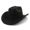Detail of black plush faux fur cowboy hat with classic pinched crown and wide brim - One Size / Black