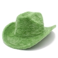 Detail of soft plush light green cowboy hat with curved brim and fuzzy texture - One Size / Green