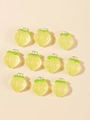 Detailed view of ten matte yellow resin peach charms with green leaves and silver loops - Light Yellow Peach
