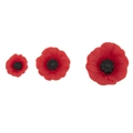 Red resin poppy flower accessories in three sizes with black centers on white background - Small Style
