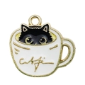 Detail von Cartoon-Katze-Kaffeetasse Emaille-Anhänger mit Gold-Schriftzug für DIY-Schmuck - Weiße Tasse Schwarze Katze-16962
