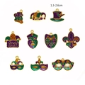 Set of 10 Mardi Gras enamel pendants with glitter masks and fleur-de-lis charms - Mixed Carnival Masquerade Mask Charms