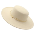 Classic cream wide brim felt fedora with elegant gold metal band and bead detail - Beige