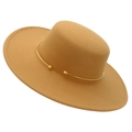 Classic camel flat top felt fedora hat with 10cm wide brim and gold metal band detail - Camel