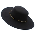 Classic black wide-brimmed flat top felt fedora hat with a polished gold metal band accessory - Black