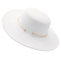 Elegant white flat top wool felt boater hat with a minimalist gold metal band decoration - White