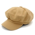 Close-up of camel wool newsboy hat showing thick felt texture and decorative top button - One Size / Khaki