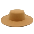 Detailed top view of a classic camel felt boater hat with a flat top and 10cm wide brim - Camel