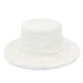 Winter faux fur flat top fedora hat in pure white plush fabric with a wide brim style - White