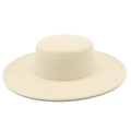 Detailed texture of high-quality felt flat top boater hat in cream white wool - Beige