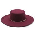 Elegant wine red flat top felt hat with 10cm wide brim and golden metal ring decor - Burgundy