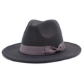 Detail of dark grey wool felt fedora featuring a classic ribbon band and bow decoration - One Size / Dark Grey 1