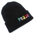 Close-up of vibrant PEACE letter embroidery with floral details on black knitted beanie - Black