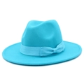 Close-up of vibrant cyan wide brim fedora hat showing textured felt and ribbon detail - One Size / Sky Blue