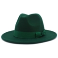 Detail of dark green wool felt fedora hat featuring matching ribbon bow and wide flat brim - One Size / Dark Green