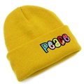 Detailed close-up of yellow knit beanie featuring colorful PEACE letter embroidery - Yellow
