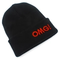 Detail of black ribbed knit beanie with bold red OMG! embroidery in a streetwear style - Black