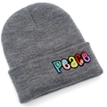 Close-up of gray knit beanie with colorful floral PEACE embroidery on the folded cuff - Marl Grey