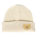 Creamy beige ribbed knit beanie with a cute teddy bear plush patch for autumn warmth - White
