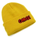 Detailed view of yellow knitted beanie with red OMG! embroidery and thick texture - Yellow